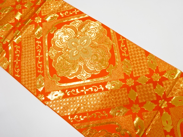 斜め格子に華紋織り出し　袋帯